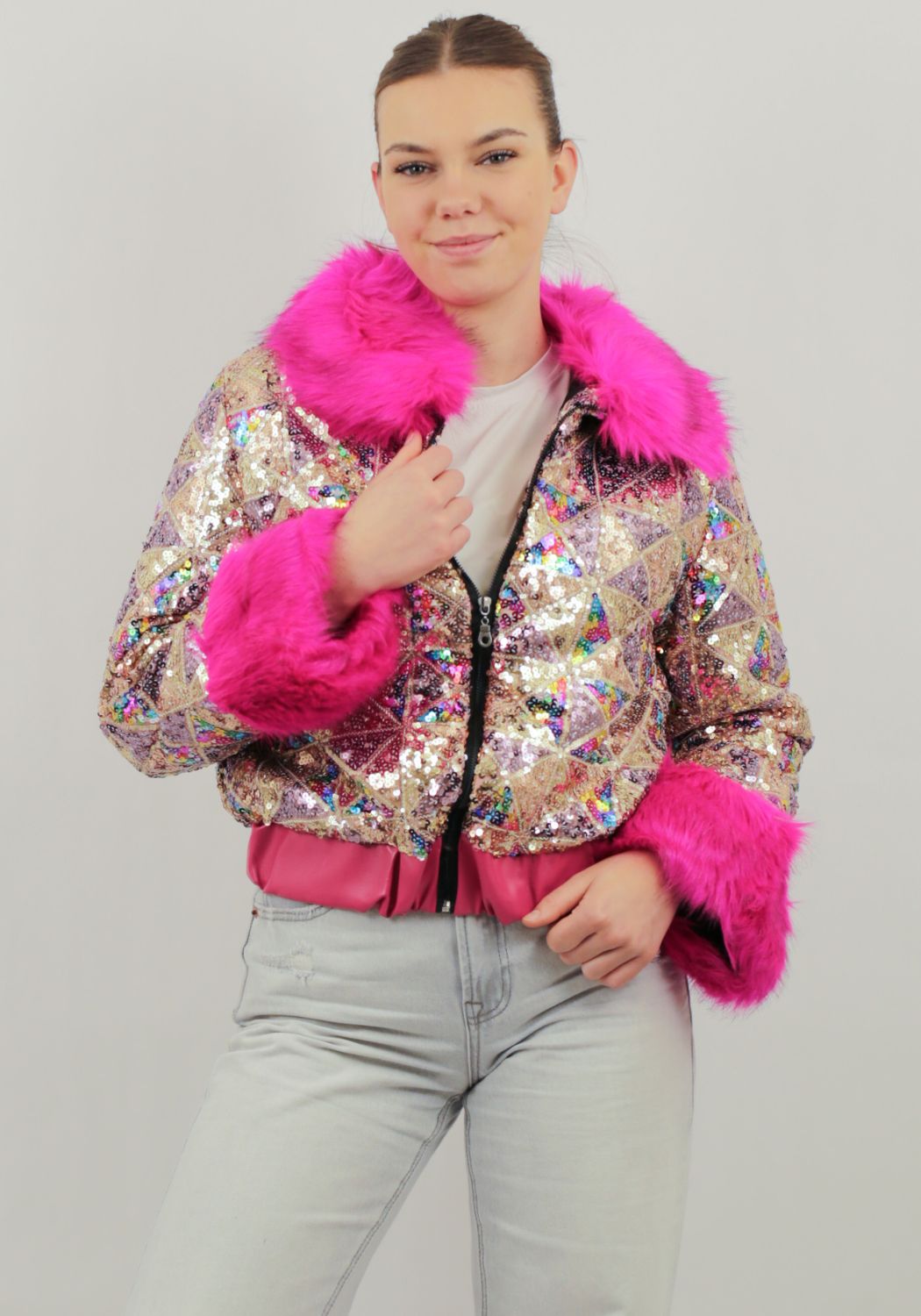 Carnavalsjas Dames Pailletten Bont Roze - Festivales