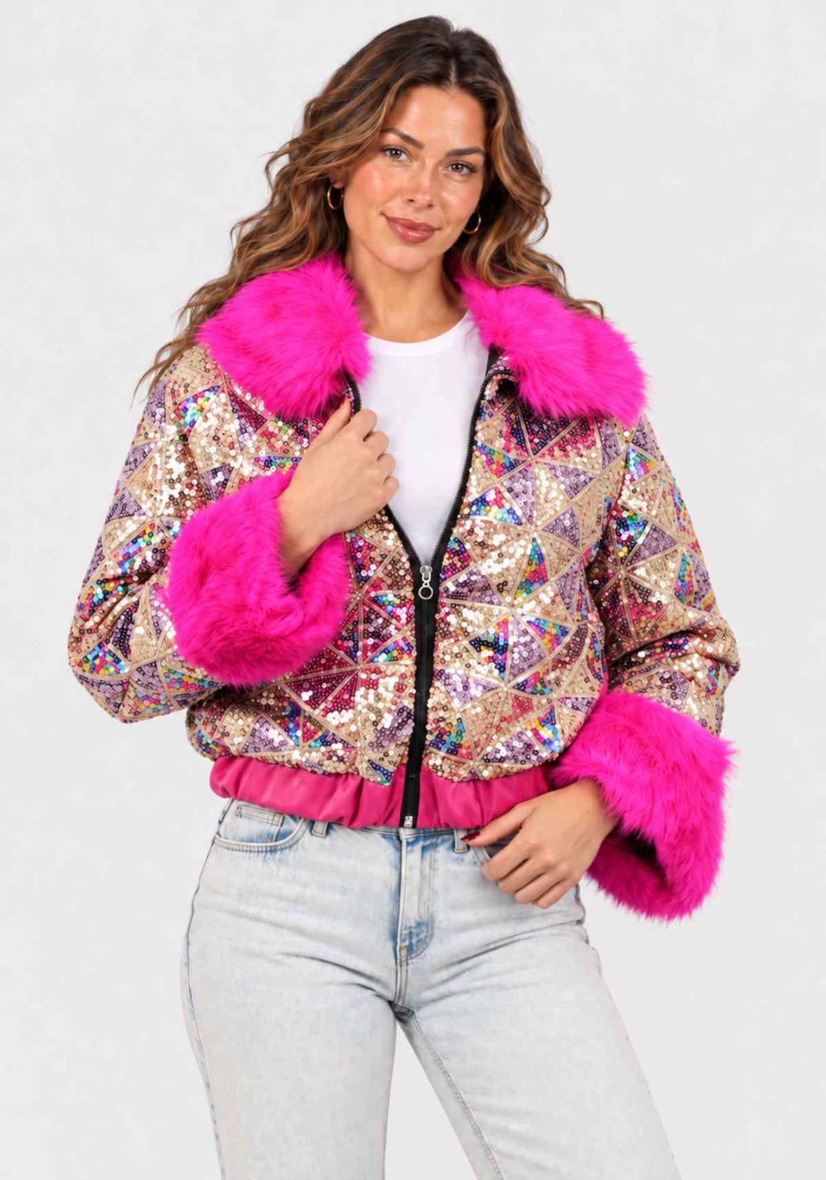 Carnavalsjas Dames Pailletten Bont Roze - Festivales