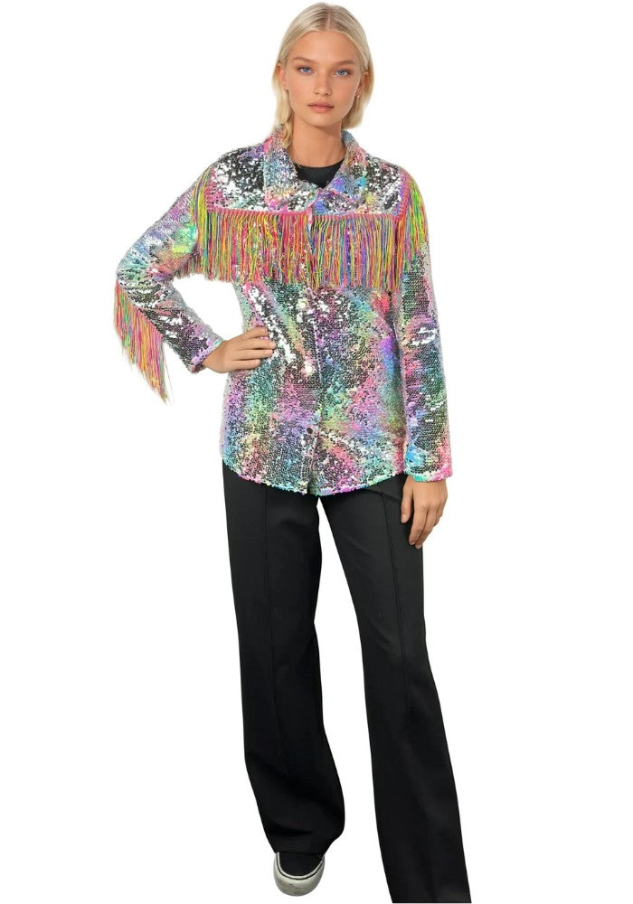 Carnavalsjas Dames Pailletten Pastel Regenboog Met Franje - Festivales
