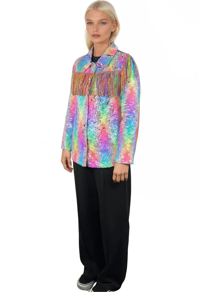Carnavalsjas Dames Pailletten Pastel Regenboog Met Franje - Festivales
