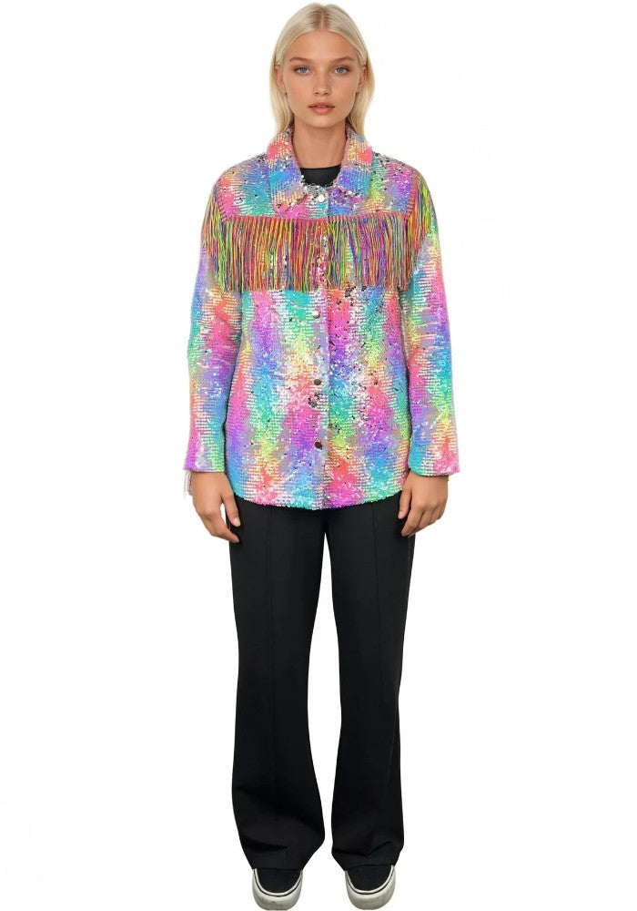 Carnavalsjas Dames Pailletten Pastel Regenboog Met Franje - Festivales
