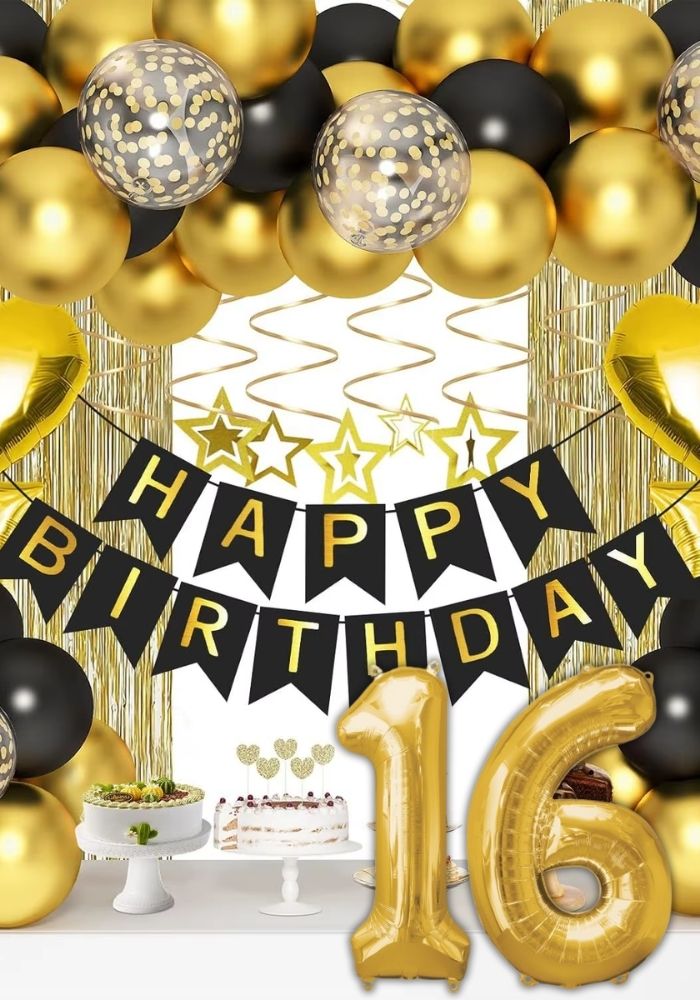 Verjaardag Versiering Pakket - 16 Jaar - Goud/Zwart - Festivales