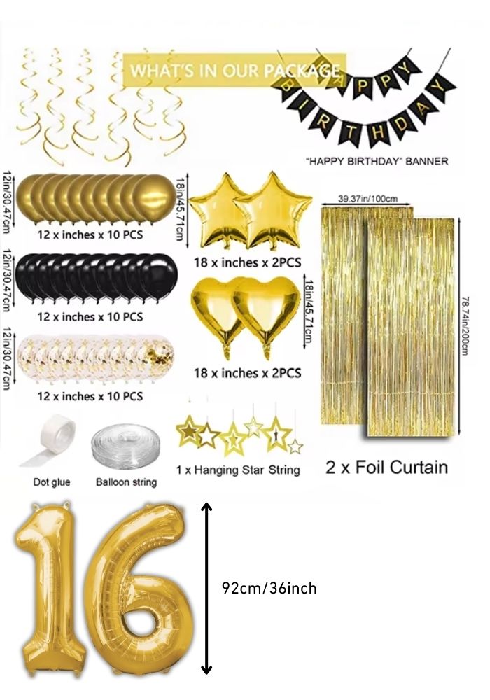 Verjaardag Versiering Pakket - 16 Jaar - Goud/Zwart - Festivales