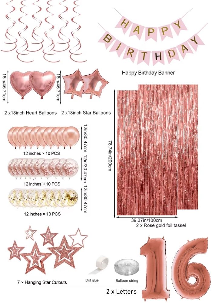 Verjaardag Versiering Pakket - 16 Jaar - Rose Goud - Festivales