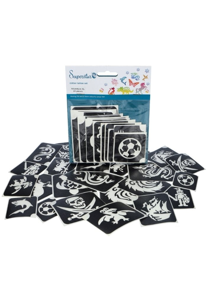 Glitter Tattoo Stencils XL Adventure 24pcs - Festivales