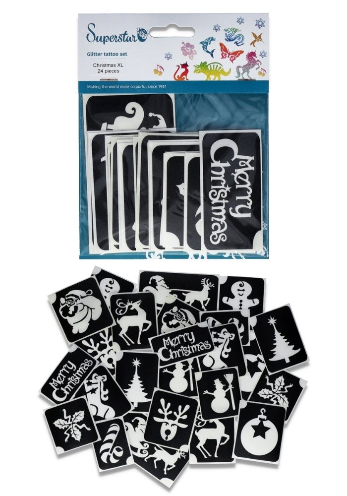 Glitter Tattoo Stencils XL Merry Christmas 24pcs - Festivales