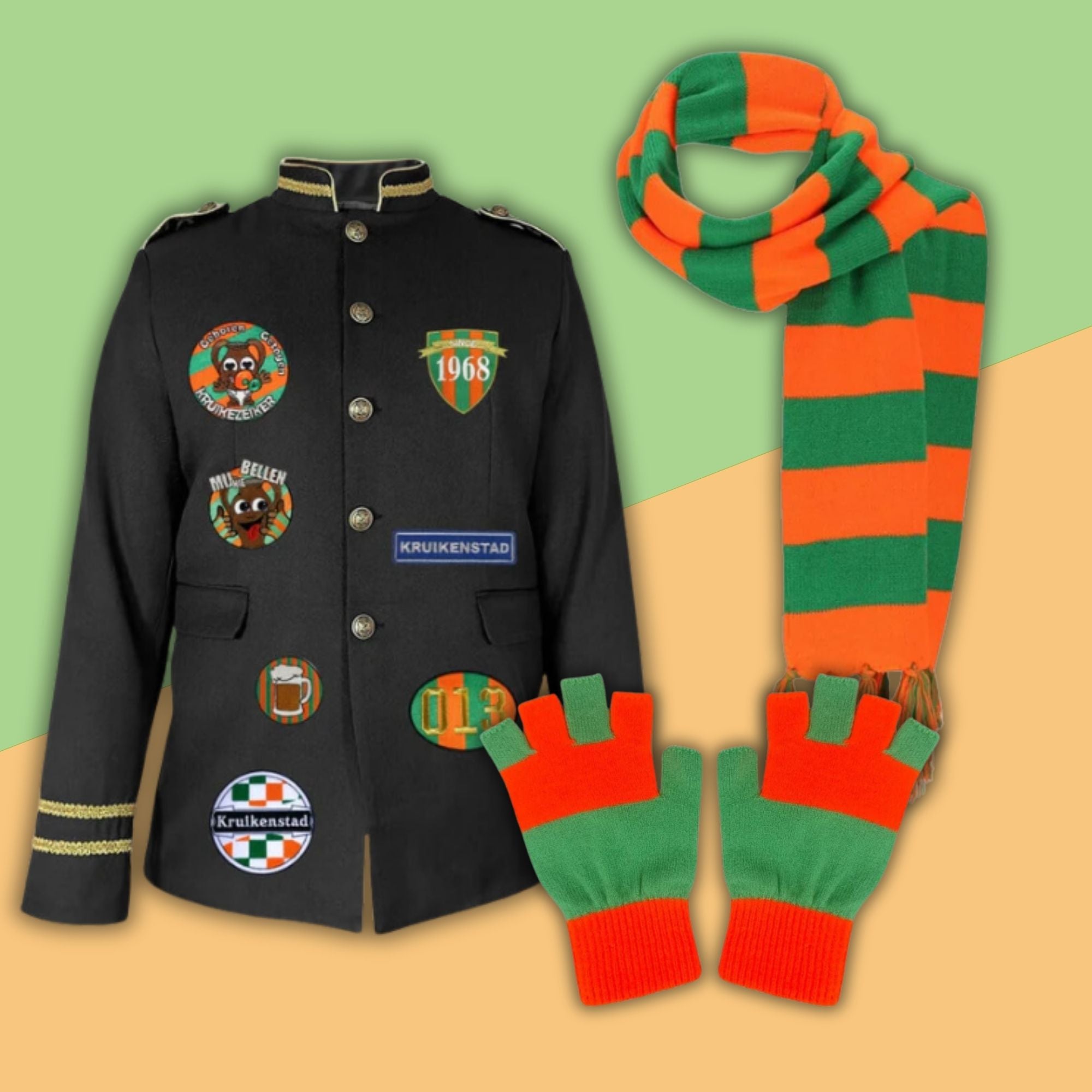 Kruikenstad artikelen collectie zoals onder andere kruikenstad jasjes, kielen, sjaals en emblemen