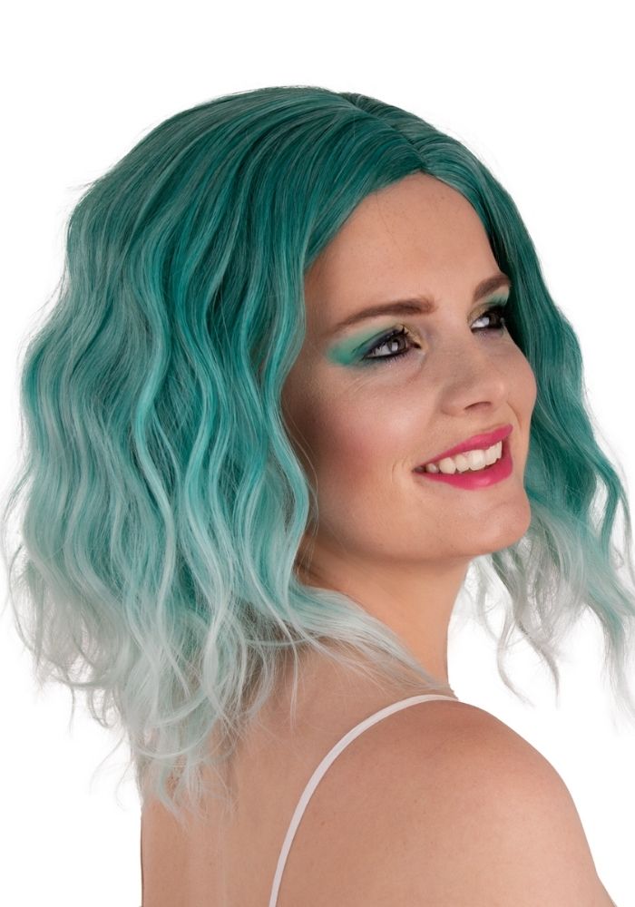 Pruik Alicia Half Lang Wave Aqua Naar Wit - Festivales