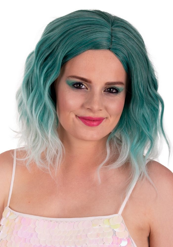 Pruik Alicia Half Lang Wave Aqua Naar Wit - Festivales