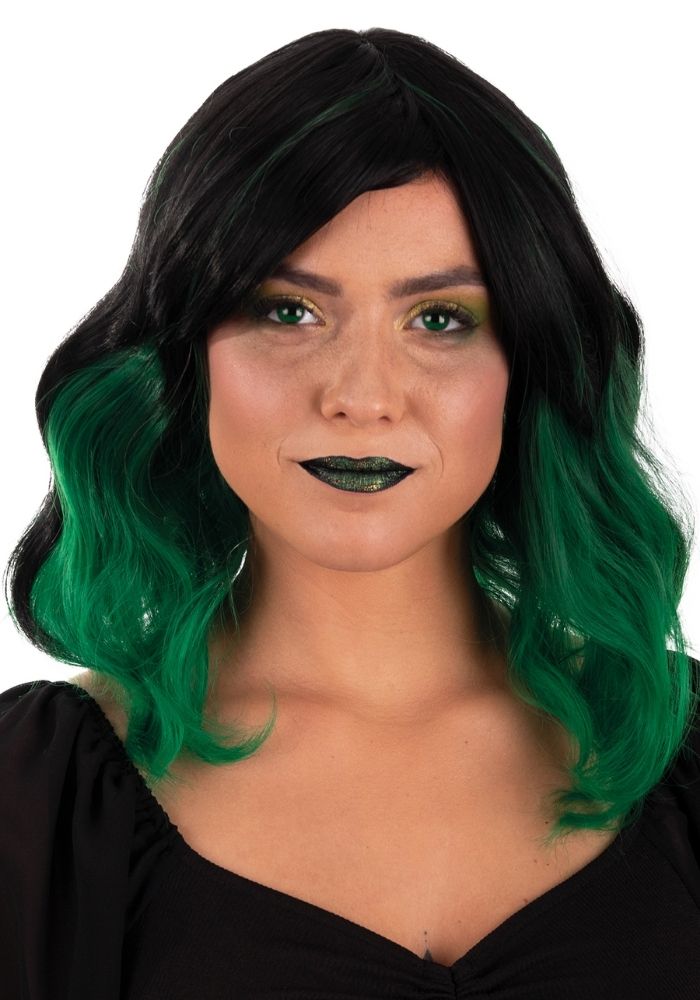 Pruik Alicia Half Lang Wave Zwart Naar Groen - Festivales