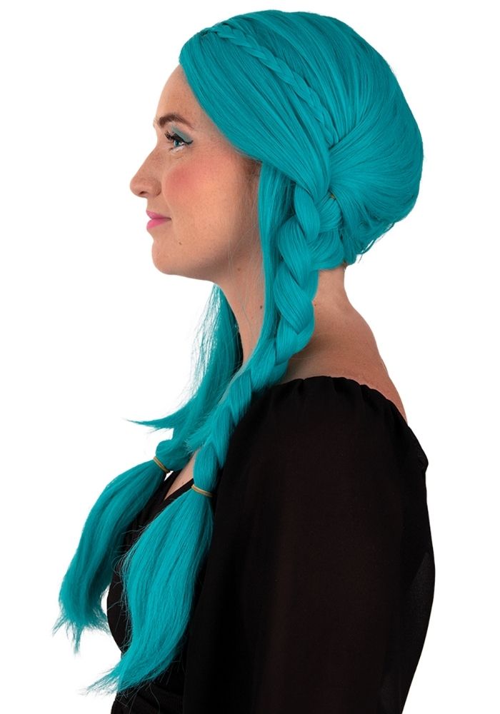 Pruik Eowyn Turquoise Met Lang Haar en Vlechten - Festivales