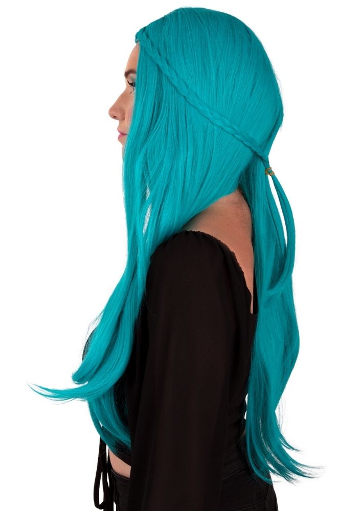 Pruik Eowyn Turquoise Met Lang Haar een Vlecht - Festivales