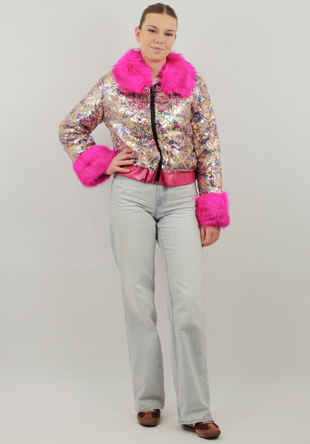 Carnavalsjas Dames Pailletten Bont Roze - Festivales