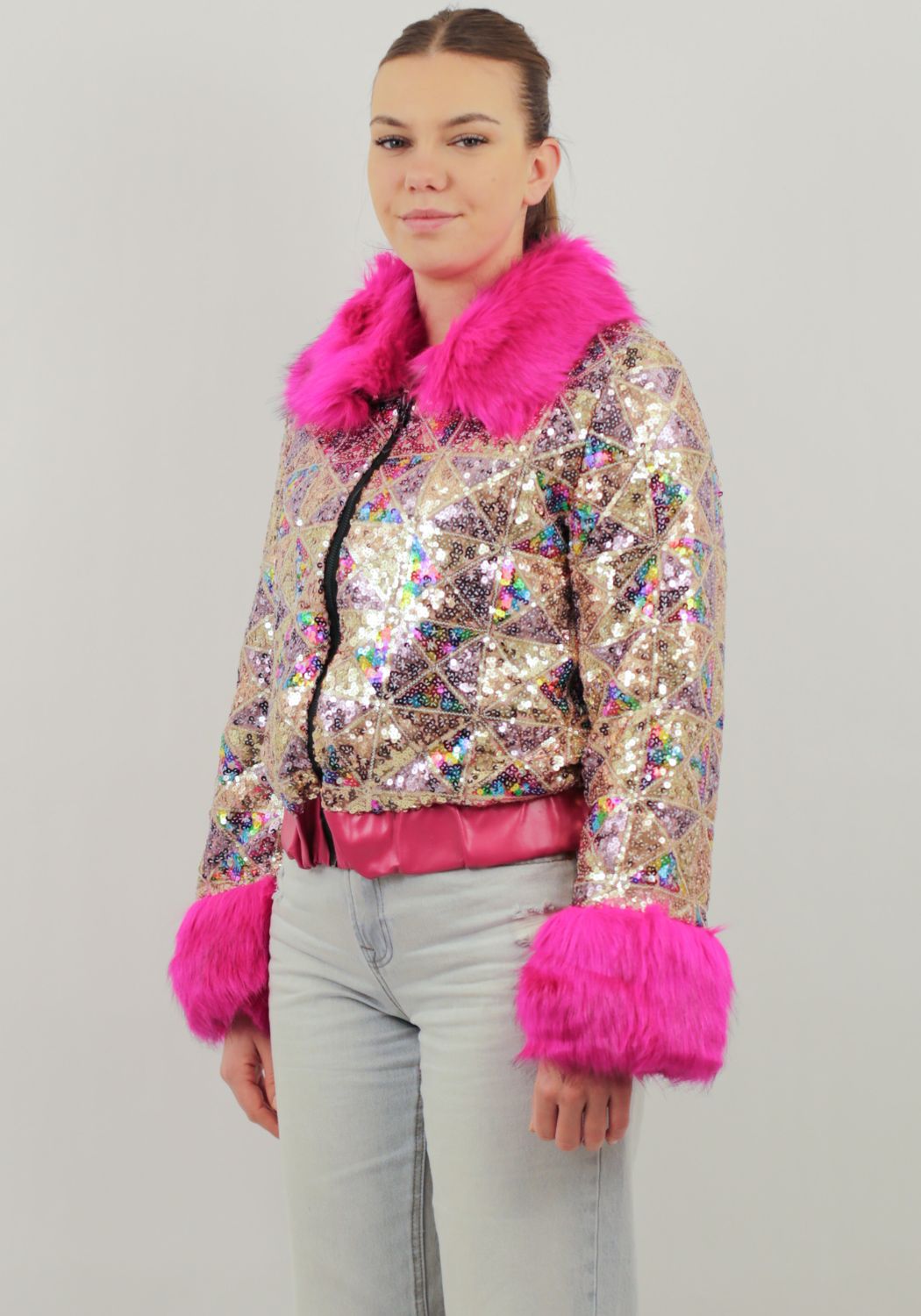 Carnavalsjas Dames Pailletten Bont Roze - Festivales