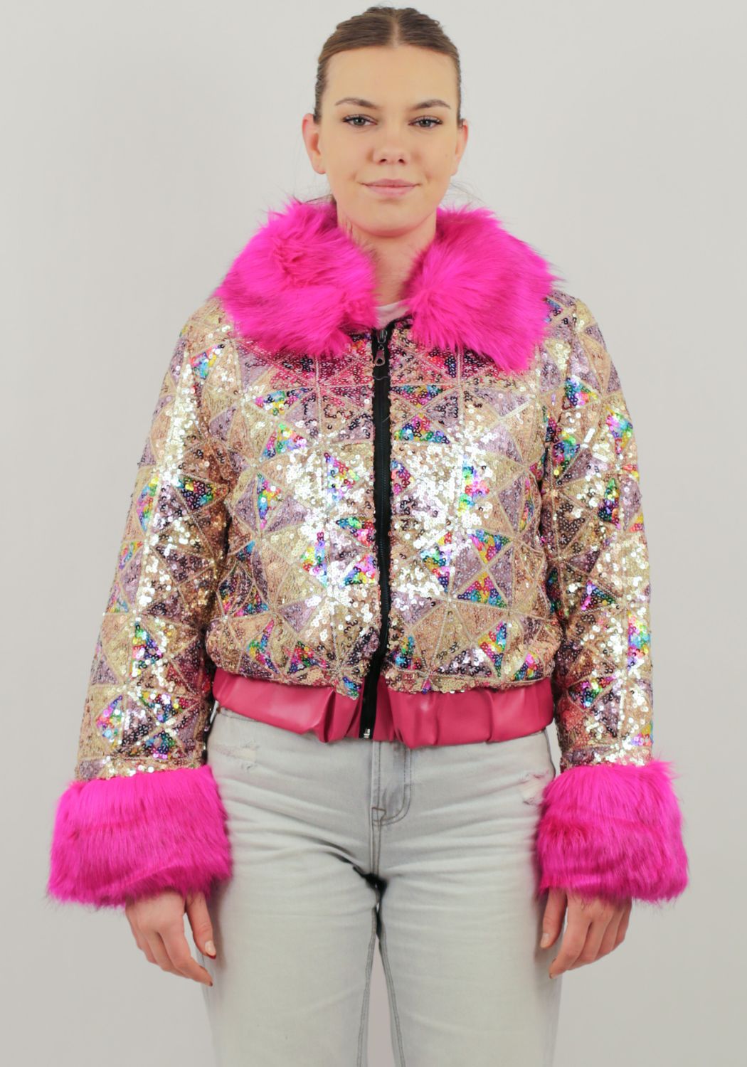 Carnavalsjas Dames Pailletten Bont Roze - Festivales