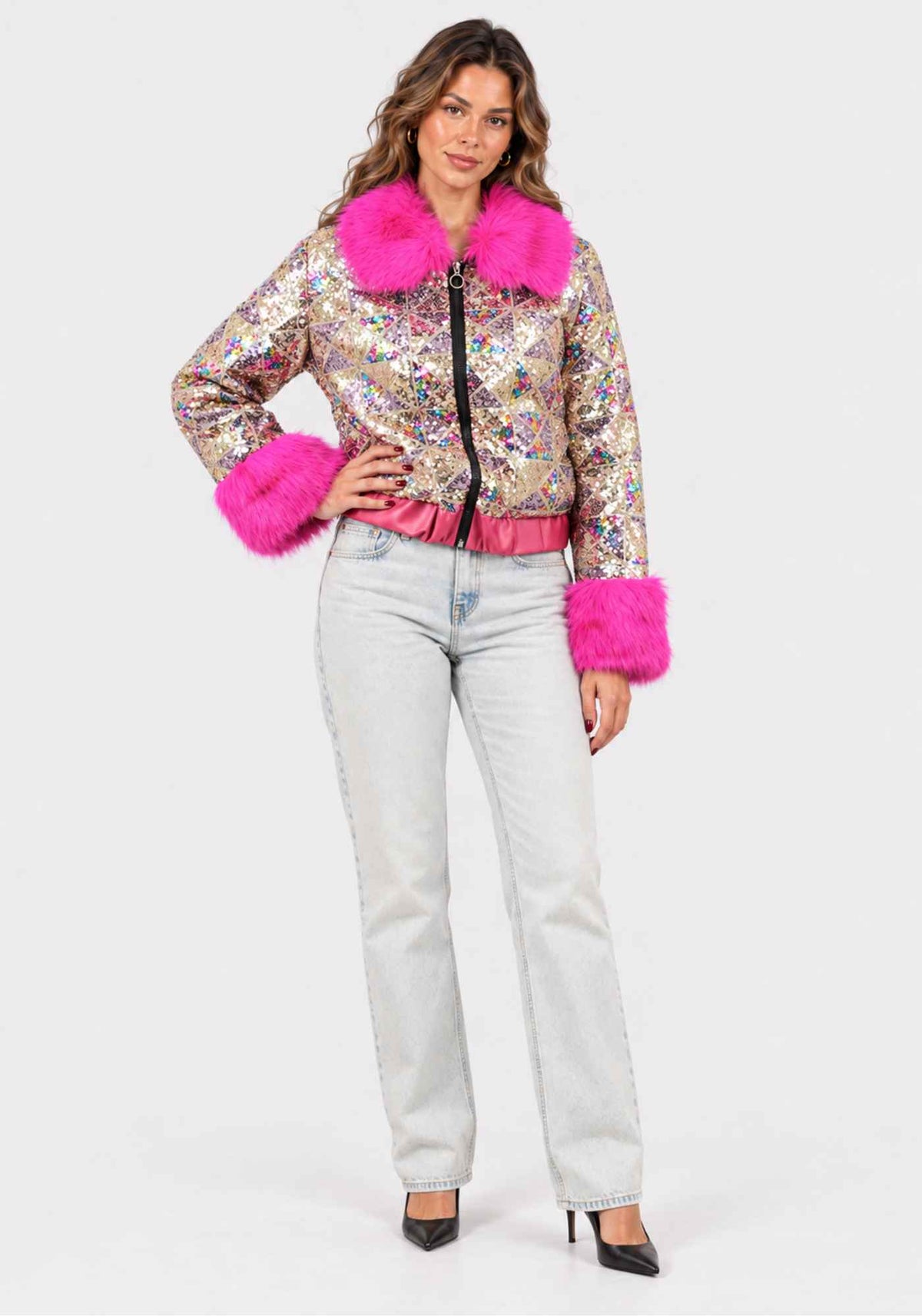 Carnavalsjas Dames Pailletten Bont Roze - Festivales