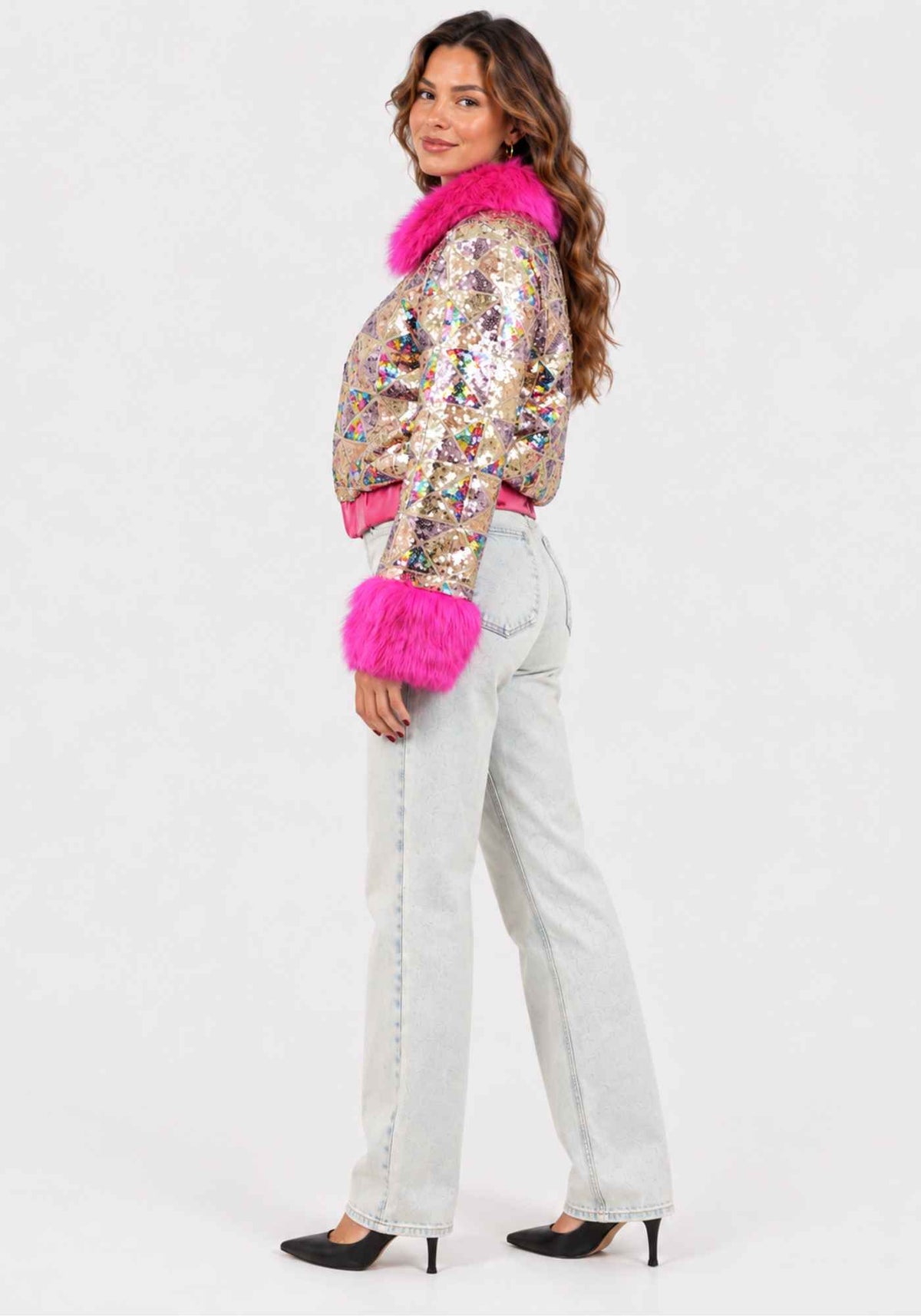 Carnavalsjas Dames Pailletten Bont Roze - Festivales