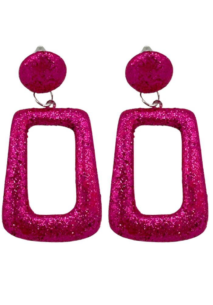 Oorbellen in glitter roze kleur met rechthoekige vorm voorkant