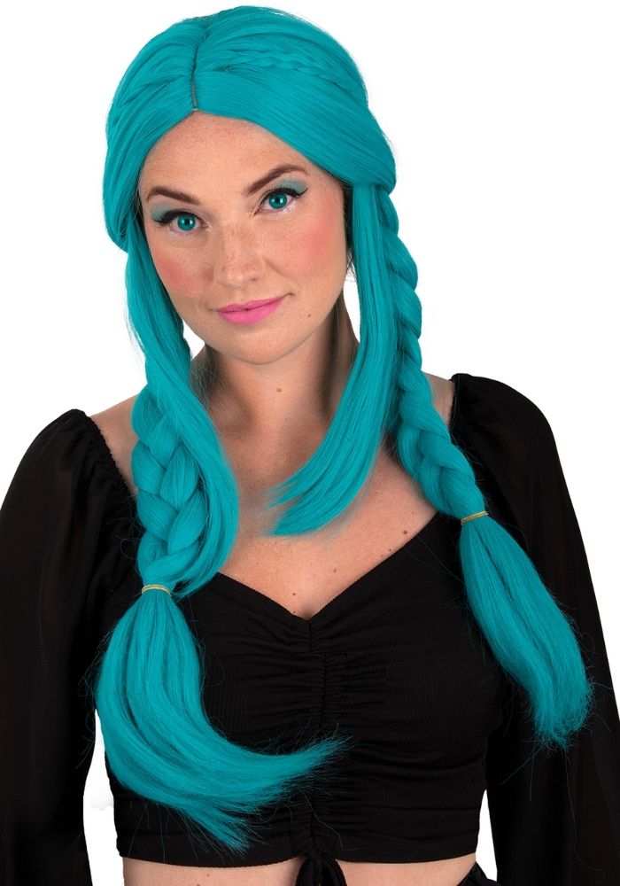 Pruik Eowyn Turquoise Met Lang Haar en Vlechten - Festivales