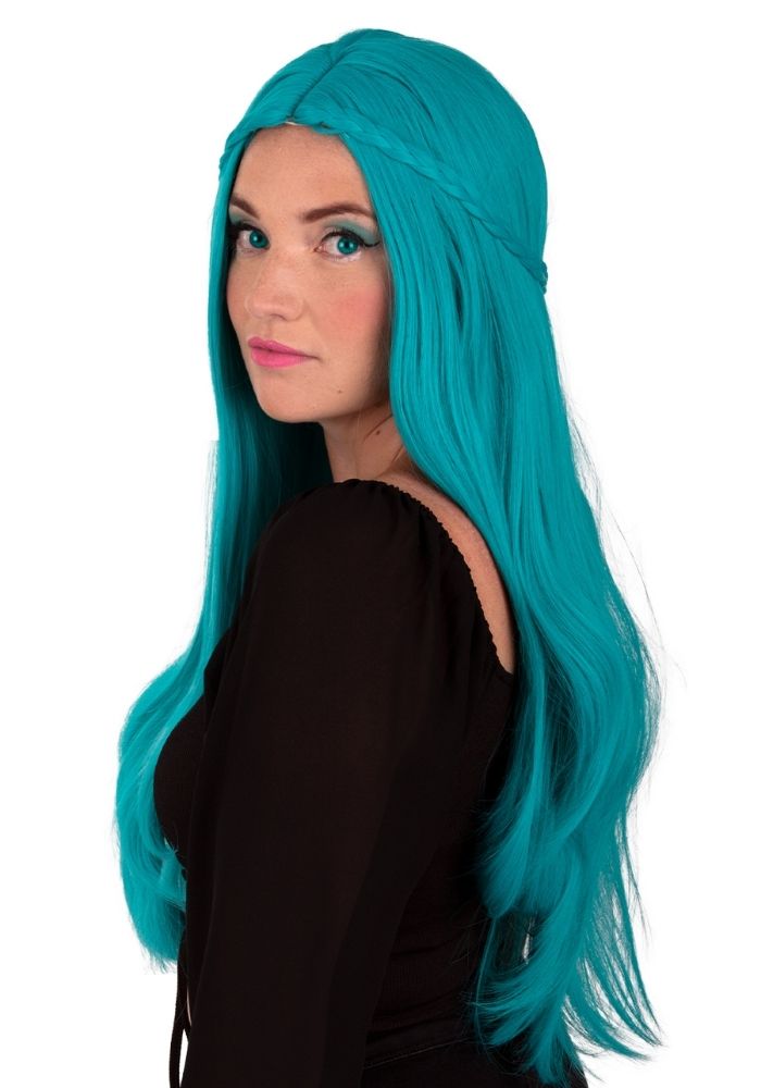 Pruik Eowyn Turquoise Met Lang Haar een Vlecht