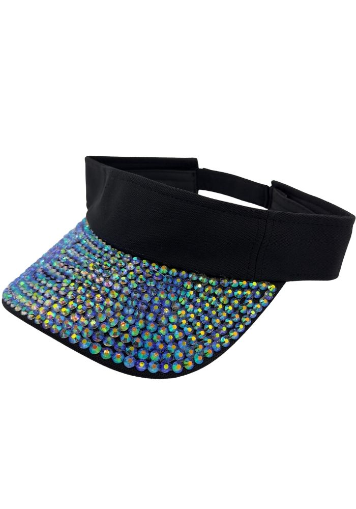 Zonneklep strass blauw zwart schuin